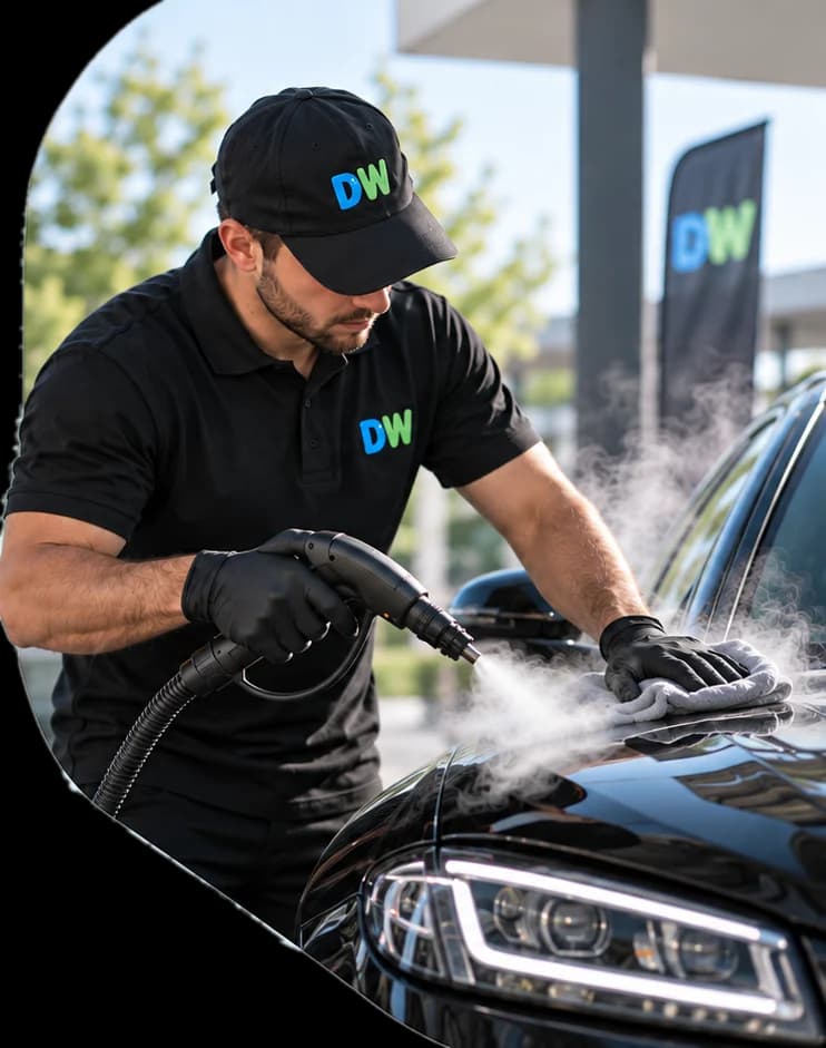 Technicien Dreamwash nettoyant le capot d'une voiture à la vapeur