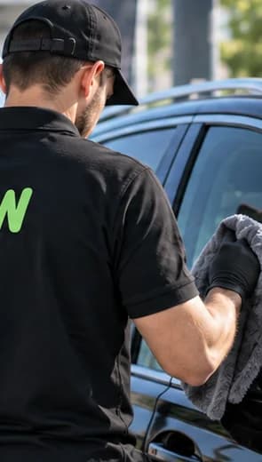 Technicien Dreamwash essuyant une portière à la microfibre